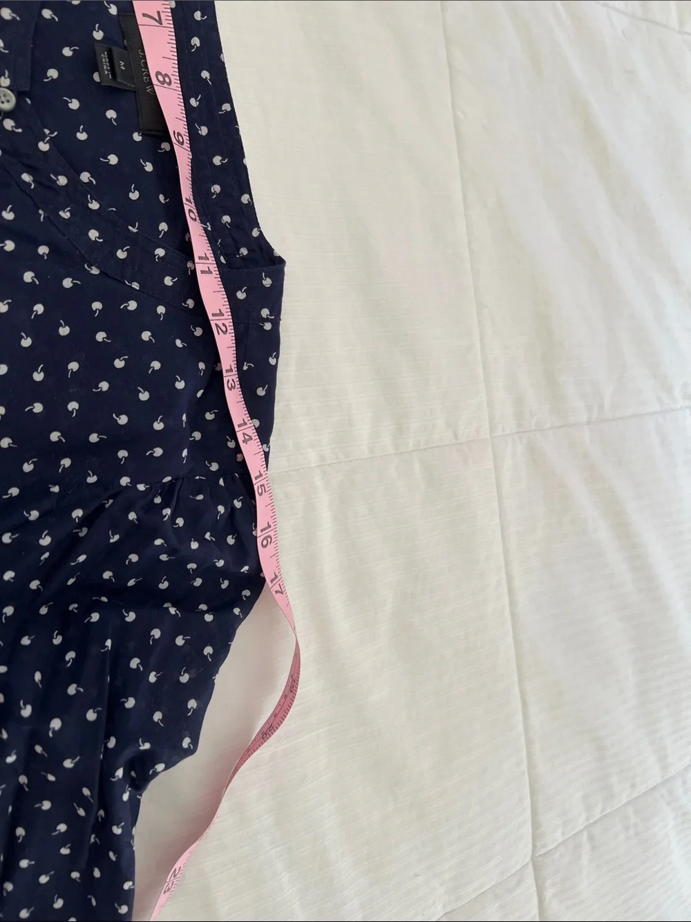 J. Crew Navy Blue Ruffle Front Blouse with White Cherry Print- slightly sheer - Picture 6 of 8